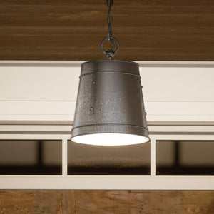 A unique lighting fixture, the UHP1250 Farmhouse Outdoor Pendant Light from the Newton Collection by Urban Ambiance is hanging from a wooden ceiling.