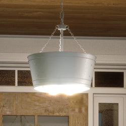 An UHP1251 Farmhouse Outdoor Chandelier, 18.875"H x 17.75"W, Galvanized Steel Finish lighting fixture with a white bucket hanging from it.