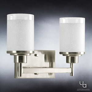 Luxury lighting fixtures: Two UHP2010 Contemporary Bathroom Vanity Lights from Urban Ambiance's Cupertino Collection, with beautiful white shades on a dark background.