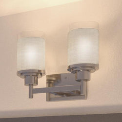 Two unique bathroom vanity lights, 9.5"H x 13"W, brushed nickel finish, Cupertino Collection by Urban Ambiance.