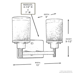 Line drawing of the Urban Ambiance UHP2011 Contemporary Bathroom Vanity Light from the Cupertino Collection, featuring an Olde Bronze finish, measuring 13″ wide, 9.5″ high, and 6″ deep with a backplate size of 4.5″ high by 7″ wide—beautifully blending contemporary vintage style for an elegant bath light fixture.