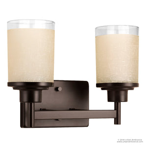 The UHP2011 Contemporary Bathroom Vanity Light from Urban Ambiance’s Cupertino Collection features cylindrical frosted glass shades and a dark metal base in an Olde Bronze finish, making it a stylish choice for those seeking contemporary vintage lighting as a modern bath light fixture.