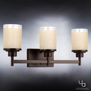 The Urban Ambiance UHP2013 Contemporary Bathroom Vanity Light from the Cupertino Collection features three lights with frosted glass shades and a dark metal frame in an Olde Bronze finish, offering an elegant touch of contemporary style to any space when mounted on a wall. Measuring 9.4375″ high by 22″ wide, it’s the perfect lighting solution for modern bathrooms.