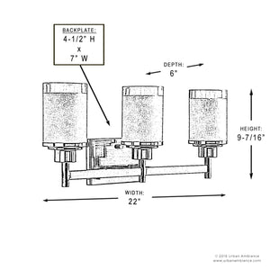 Line drawing of the Urban Ambiance UHP2013 Contemporary Bathroom Vanity Light from the Cupertino Collection, featuring three cylindrical shades and finished in Olde Bronze—an ideal contemporary lighting solution for bathrooms. Measurements: 22″ wide, 9.4375″ high, 6″ depth, with a versatile 4.5″ x 7″ backplate for easy installation as a bath fixture.