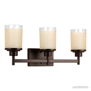The UHP2013 Contemporary Bathroom Vanity Light from Urban Ambiance’s Cupertino Collection features three cylindrical frosted glass shades and a dark metal base in an Olde Bronze finish, measuring 9.4375″ high by 22″ wide—an elegant horizontal wall sconce ideal for modern bathroom lighting.