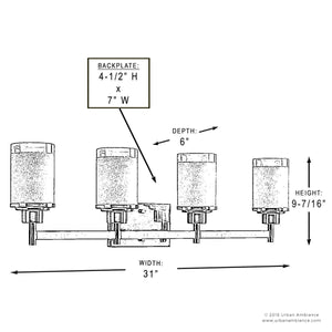 Black and white technical drawing of the Urban Ambiance UHP2015 Contemporary Bathroom Vanity Light from the Cupertino Collection, featuring a contemporary vintage design in an Olde Bronze finish. The four-light fixture includes labeled dimensions: 9.4375″ height, 31″ width, along with depth and backplate size.