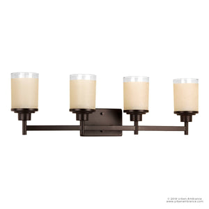 The Urban Ambiance UHP2015 Contemporary Bathroom Vanity Light from the Cupertino Collection features four cylindrical glass shades set on a rectangular base, offering a sophisticated blend of contemporary vintage design in an elegant Olde Bronze finish. Measuring 9.4375″ high by 31″ wide, this wall-mounted bath light is the perfect addition to modern bathrooms.