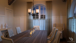 A gorgeous lighting fixture - the UHP2016 Contemporary Chandelier, Olde Bronze Finish from the Cupertino Collection by Urban Ambiance - is showcased in a dining room through its stunning 3D rendering