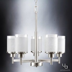 The Urban Ambiance UHP2017 Contemporary Chandelier from the Cupertino Collection features six frosted cylindrical glass shades and a brushed nickel frame, measuring 19.75 inches high by 20 inches wide, set against a gradient gray background.