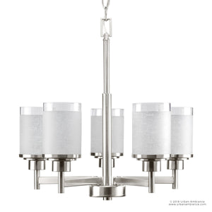 Elevate any space with the UHP2017 Contemporary Chandelier from the Cupertino Collection by Urban Ambiance. Featuring a brushed nickel finish and five cylindrical frosted glass shades, this 19.75″ high by 20″ wide chandelier offers timeless elegance in a modern design, beautifully suspended from a chain against any backdrop.