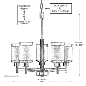 A diagram showing the dimensions of the unique UHP2018 Contemporary Chandelier lighting fixture, 19.75