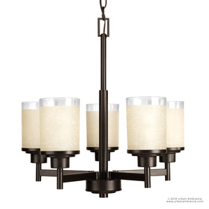 A luxury lighting fixture, the UHP2018 Contemporary Chandelier features frosted glass shades and an Olde Bronze Finish, from Urban Ambiance's Cupertino Collection.
