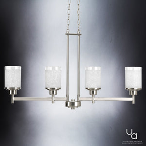 The Urban Ambiance UHP2019 Contemporary Chandelier from the Cupertino Collection features a brushed nickel finish and five cylindrical frosted glass shades, elegantly suspended by two chains against a gradient gray background. The fixture measures 20 inches high by 34.167 inches wide.