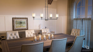A modern dining room with a wooden table, eight upholstered chairs, candles on the table, a wall painting, and a window with sheer curtains is elegantly illuminated by the Urban Ambiance UHP2019 Contemporary Chandelier from the Cupertino Collection (20″H x 34.167″W, Brushed Nickel Finish) overhead.