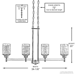 Black and white diagram of the Urban Ambiance UHP2019 Contemporary Chandelier from the Cupertino Collection, featuring five lights, a 72-inch adjustable chain, 20-inch height, and 34.167-inch width. This brushed nickel chandelier is compatible with sloped ceilings and designed to complement modern interiors.