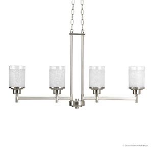 The Urban Ambiance UHP2019 Contemporary Chandelier from the Cupertino Collection showcases a brushed nickel finish and cylindrical frosted glass shades. Measuring 20 inches high by 34.167 inches wide, this five-light fixture is elegantly suspended by a chain and is beautifully photographed on a white background.
