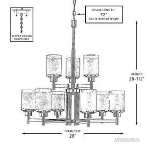 Black and white diagram of the Urban Ambiance UHP2021 Contemporary Chandelier from the Cupertino Collection, featuring twelve lights. The chandelier measures 28 inches in diameter by 28.5 inches in height, includes a 72-inch adjustable chain for sloped ceilings, and showcases a brushed nickel finish with etched umber linen shades for a modern appeal.
