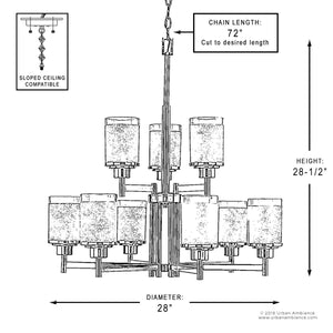 A diagram showing the dimensions of the Urban Ambiance UHP2022 Contemporary Chandelier, 28.5