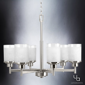 The Urban Ambiance UHP2023 Contemporary Chandelier from the Cupertino Collection features a brushed nickel finish and six frosted cylindrical shades, suspended by a chain against a gradient background.