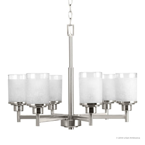 The Urban Ambiance UHP2023 Contemporary Chandelier from the Cupertino Collection features six frosted cylindrical shades, a sleek brushed nickel finish, and an elegant chain suspension; it measures 19.75″ high by 25″ wide.