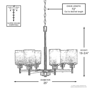 A beautiful diagram showcasing the dimensions of a luxury UHP2024 Contemporary Chandelier with an Olde Bronze Finish from the Cupertino Collection by Urban Ambiance.