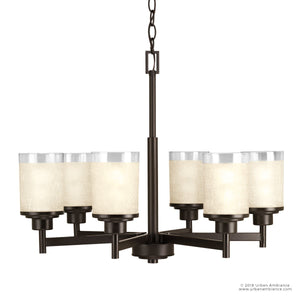 A gorgeous chandelier with frosted glass shades.