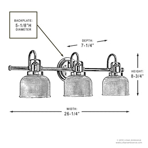 Black and white diagram of the Urban Ambiance UHP2044 Luxe Industrial Bath Fixture from the Harlow Collection, shown in a three-light wall design with fashion bronze finish. The fixture features labeled measurements of 26-1/4″ width, 8-3/4″ height, 7-1/4″ depth, and a backplate diameter of 5-1/8″. Prismatic glass accents add a sleek touch to the industrial aesthetic.