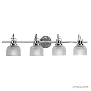 The Urban Ambiance UHP2046 Luxe Industrial Bath Fixture from the Harlow Collection features a polished chrome finish with prismatic glass shades, measures 8-3/4″ high by 35-1/2″ wide, and is designed for wall installation on a round backplate.