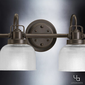 An Urban Ambiance UHP2047 Industrial Chic Bath Fixture with two beautiful glass shades.