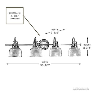 Line drawing of the Urban Ambiance UHP2048 Luxe Industrial Bath Fixture from the Harlow Collection, featuring four lights with prismatic glass shades and an aged nickel finish. Dimensions are clearly labeled: 5-1/8″ diameter backplate, 7-1/4″ depth, 8-3/4″ height, and 35-1/2″ width.