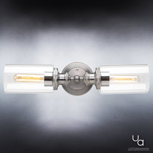 An Urban Ambiance UHP2061 Industrial Chic Bathroom Vanity Light with a unique glass shade.