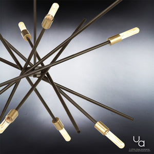 The Urban Ambiance UHP2070 Modern Industrial Chandelier from the Miami Collection features a striking design with intersecting Olde Bronze rods and exposed bulbs, creating a perfect blend of modern vintage lighting style against a gradient gray background. Size: 19-5/8″H x 42-3/8″W.