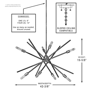 The UHP2070 Modern Industrial Chandelier from Urban Ambiance’s Miami Collection features an Olde Bronze finish and exposed bulbs, measuring 42-3/8″ wide by 19-5/8″ high. This modern vintage lighting fixture is compatible with sloped ceilings and supports various downrods for customized installation.