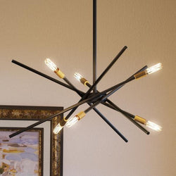 A unique Urban Ambiance UHP2072 Modern Industrial Chandelier, 10-1/2"H x 22-5/8"W, Olde Bronze Finish, Miami Collection hanging in a