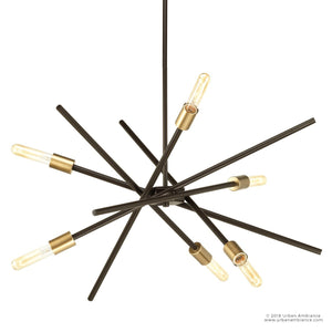 The Urban Ambiance UHP2072 Modern Industrial Chandelier from the Miami Collection features an Olde Bronze finish and showcases a striking starburst design with exposed filament bulbs at the ends of eight angled rods, measuring 10-1/2″ high by 22-5/8″ wide.