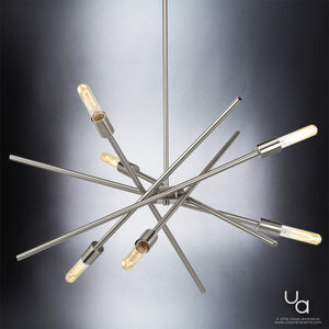An UHP2073 Modern Industrial Chandelier from the Miami Collection by Urban Ambiance with five gorgeous lights on a black background.