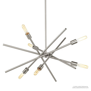 A stunning Modern Industrial Chandelier with a brushed nickel finish and four metal rods, part of the Miami Collection.