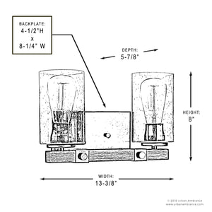 Line drawing of the Urban Ambiance UHP2080 Vintage Bath Fixture from the Darlington Collection, a wall-mounted two-light design with glass shades in an Olde Bronze finish; labeled dimensions: width 13-3/8″, height 8″, depth 5-7/8″, and backplate measuring 4-1/2″H x 8-1/4″W.