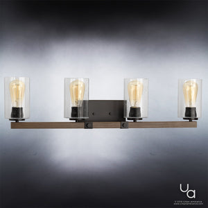 The Urban Ambiance UHP2082 Vintage Bath Fixture from the Darlington Collection features four lights with clear seeded glass shades and exposed bulbs, set on a horizontal wood-stained bar with an Olde Bronze metal base, measuring 8″ high by 32-1/4″ wide.