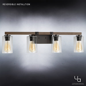 The UHP2082 Vintage Bath Fixture from the Darlington Collection by Urban Ambiance features four exposed bulbs with clear glass shades, set on a wood-stained bar and a rectangular metal base in an Olde Bronze finish. Measuring 8 inches high by 32-1/4 inches wide, this wall fixture evokes classic vintage bathroom style against a gradient backdrop.