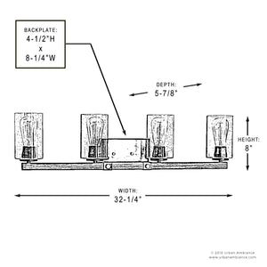 Line drawing of the Urban Ambiance UHP2082 Vintage Bath Fixture from the Darlington Collection, featuring an Olde Bronze finish. This four-light wall fixture measures 32-1/4″ wide, 8″ high, and extends 5-7/8″ from the wall. The backplate dimensions are 4-1/2″ in height by 8-1/4″ in width. Its classic design is complemented by seeded glass shades for added character.