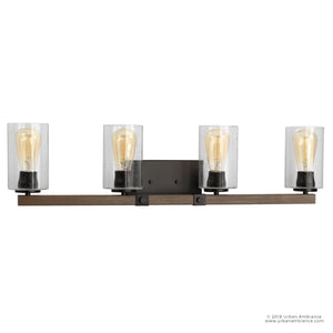 Urban Ambiance’s UHP2082 Vintage Bath Fixture from the Darlington Collection features four clear seeded glass cylinder shades, exposed filament bulbs, and a rectangular Olde Bronze base accented by a horizontal wood-stained bar—an 8″ high and 32-1/4″ wide vintage-inspired piece that offers timeless appeal for your bath.