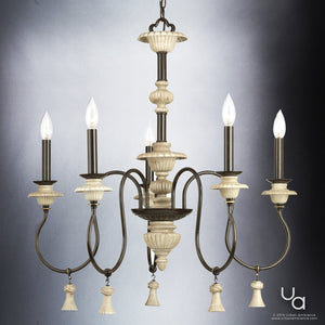 The Urban Ambiance UHP2102 French Rustic Chandelier from the Alicante Collection features five gracefully curved arms in an ancient bronze finish, each holding an unshaded candle-shaped bulb, beautifully suspended against a neutral backdrop.