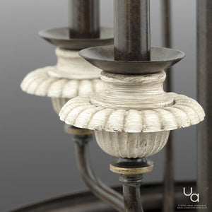 Showcasing the Alicante Collection’s UHP2102 French Rustic Chandelier from Urban Ambiance, this piece features an ancient bronze finish and fluted white detailing atop gracefully curved metal rods—ideal for infusing your home with French-inspired lighting elegance.