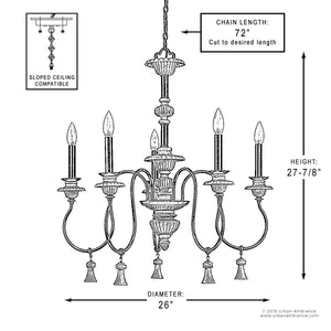 Black and white diagram of the UHP2102 French Rustic Chandelier from Urban Ambiance’s Alicante Collection with labeled dimensions: 27.875″ height, 26″ width, 72″ adjustable chain, and a note for sloped ceiling compatibility. Featuring an Ancient Bronze finish, this farmhouse-style chandelier infuses any space with classic French-inspired lighting charm.