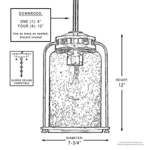 Line drawing of the Urban Ambiance UHP2111 Nautical Pendant Light from the Carlsbad Collection, featuring an Olde Bronze finish and a seeded glass shade; dimensions are 12 inches high by 7.75 inches wide, with adjustable downrods for installation.