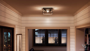 A hallway with wood paneling and a gorgeous Urban Ambiance UHP2120 Industrial Chic Flush-Mount Ceiling Fixture, 6