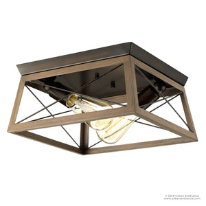 An Urban Ambiance UHP2120 Industrial Chic Flush-Mount Ceiling Fixture with two unique bulbs and a wooden frame.