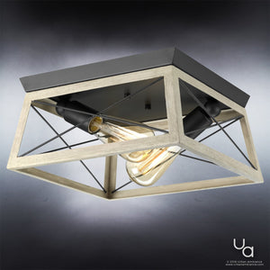 The Urban Ambiance UHP2121 Luxe Industrial Flush-Mount Ceiling Fixture from the Berkeley Collection features a charcoal-finished rectangular frame with two exposed Edison bulbs, showcased against a grey gradient background.