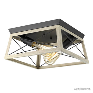 The UHP2121 Luxe Industrial Flush-Mount Ceiling Fixture by Urban Ambiance features a charcoal finish with geometric metal detailing and wood accents. Part of the Berkeley Collection, this square ceiling fixture measures 6″ high by 12″ wide and includes exposed bulbs in a modern industrial design—ideal for introducing modern rustic lighting to your space.